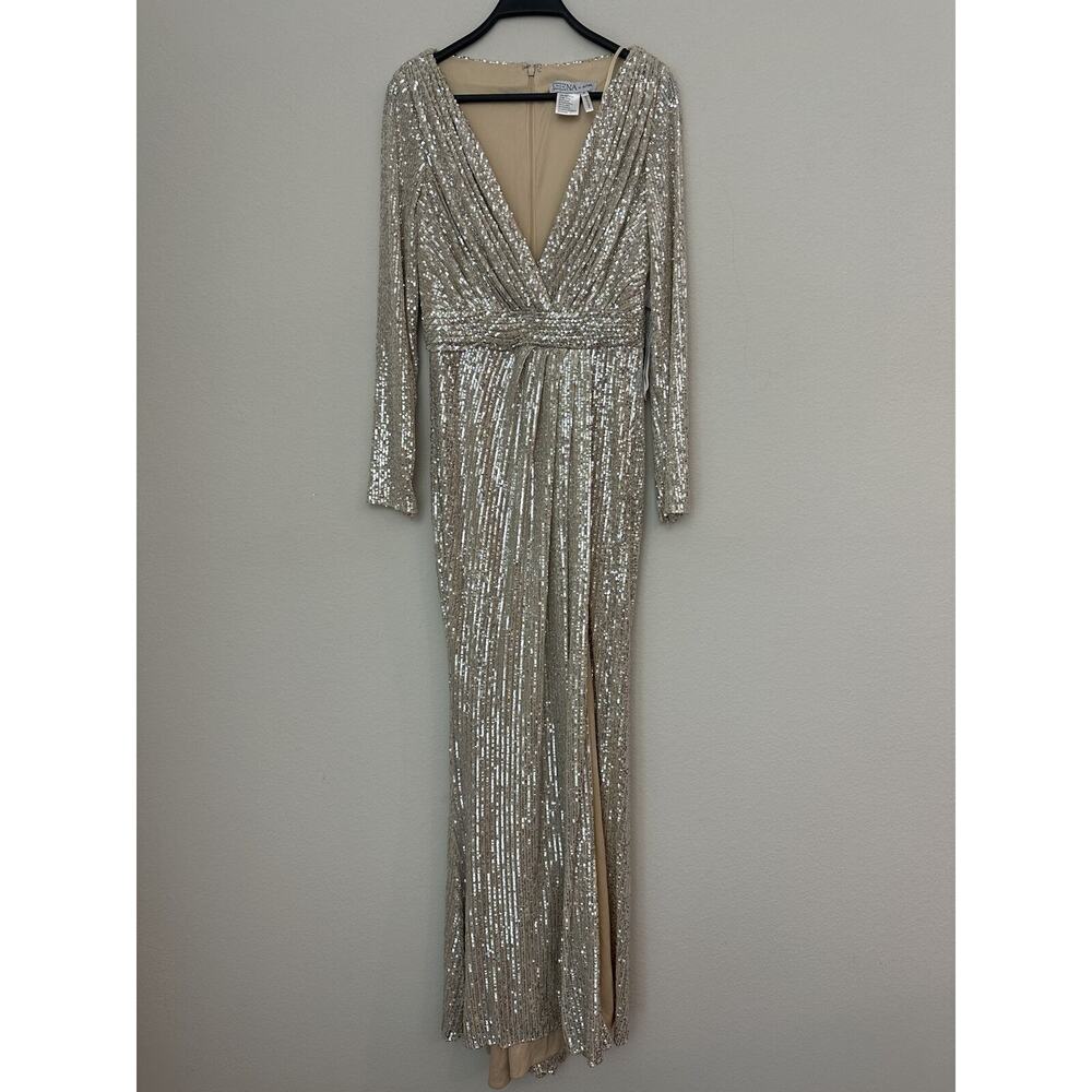 Mac Duggal Gold Champagne Long Sleeve V-Neck Sequined Front Slit Gown Size 6